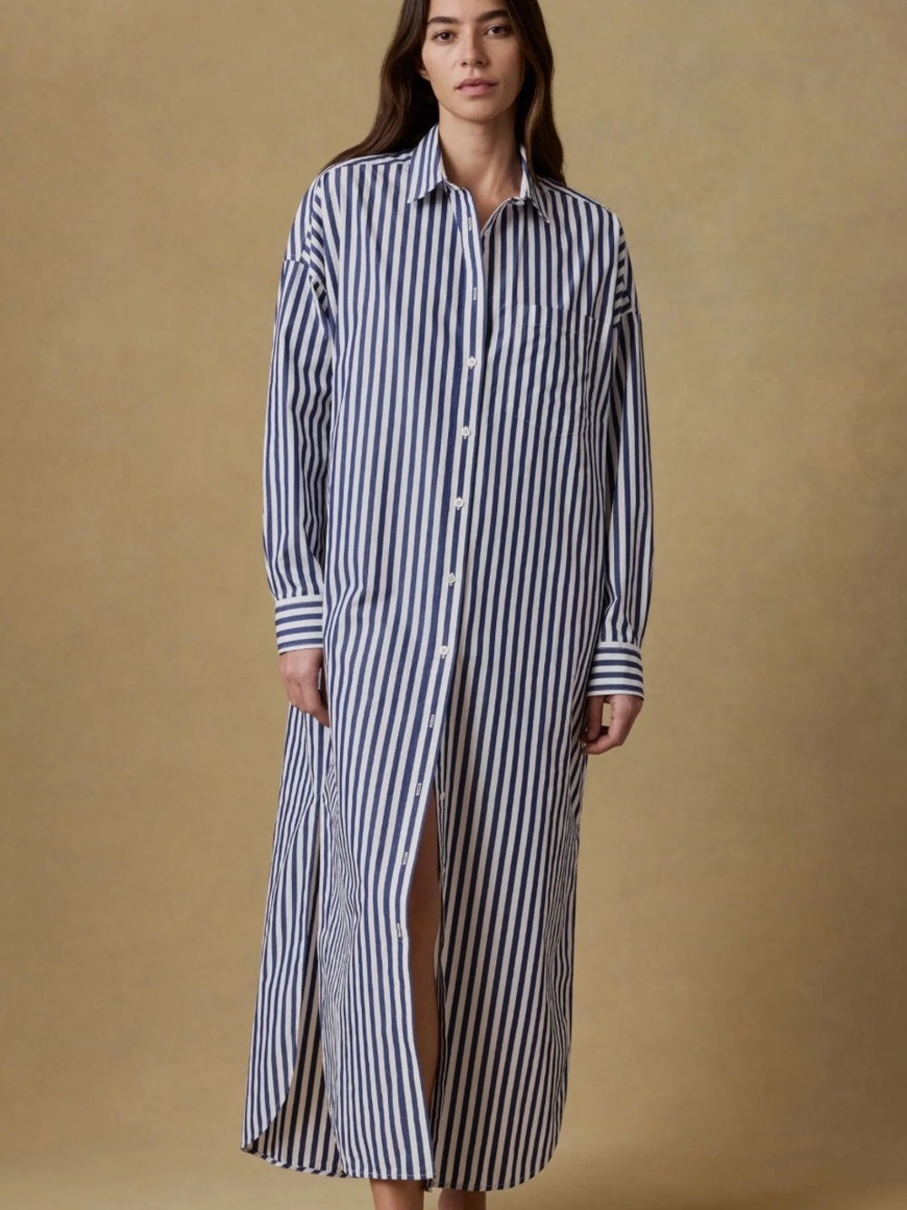 Fifteen Twenty Navy White Vertical Stripe Long Sleeve Linen Maxi Shirt Dress L